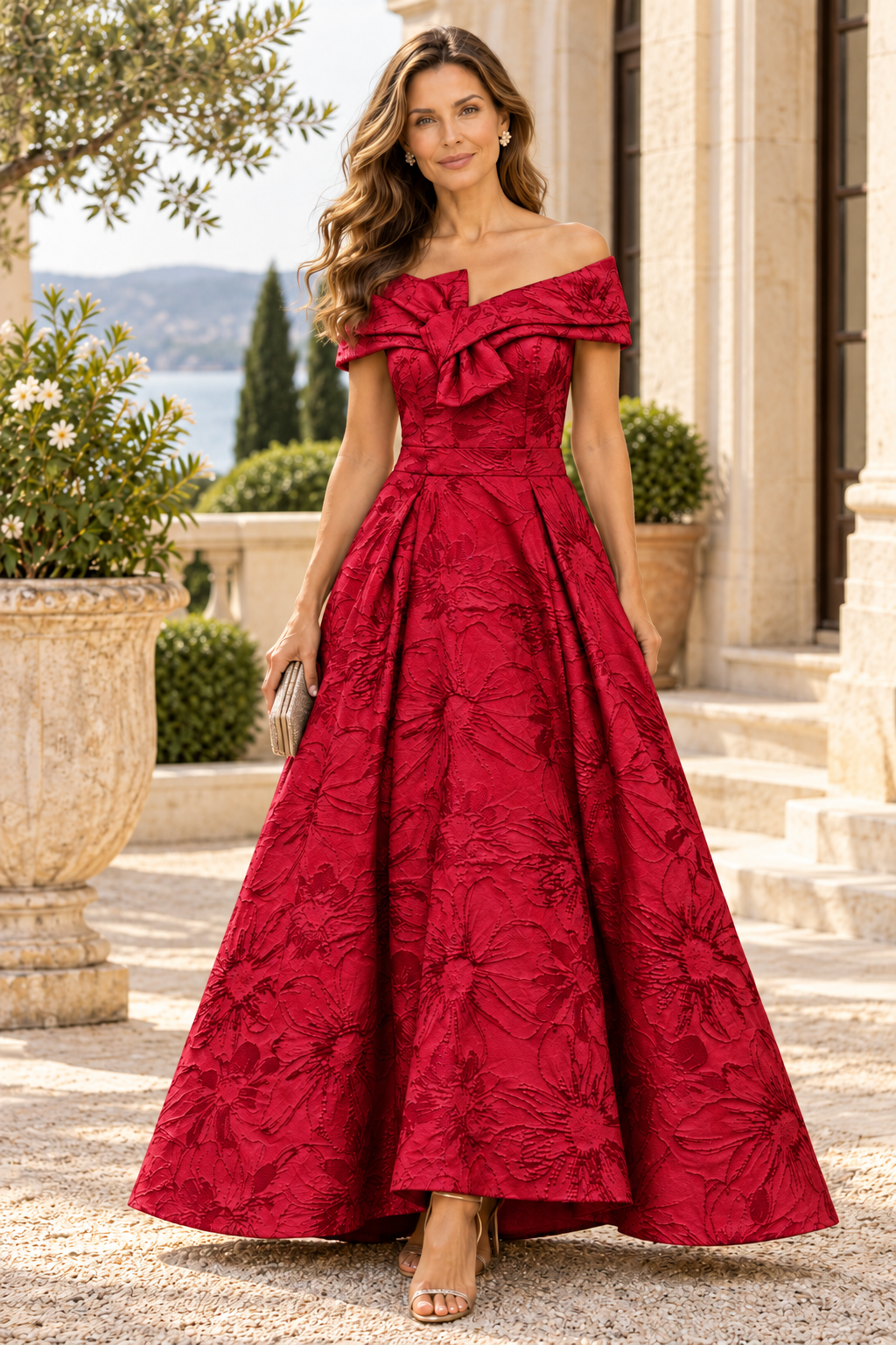 Off-the-Shoulder Jacquard Ball Gown with Bow