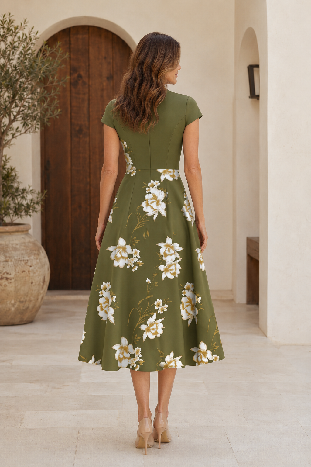 Geblümtes V-Ausschnitt A-Linien Midikleid