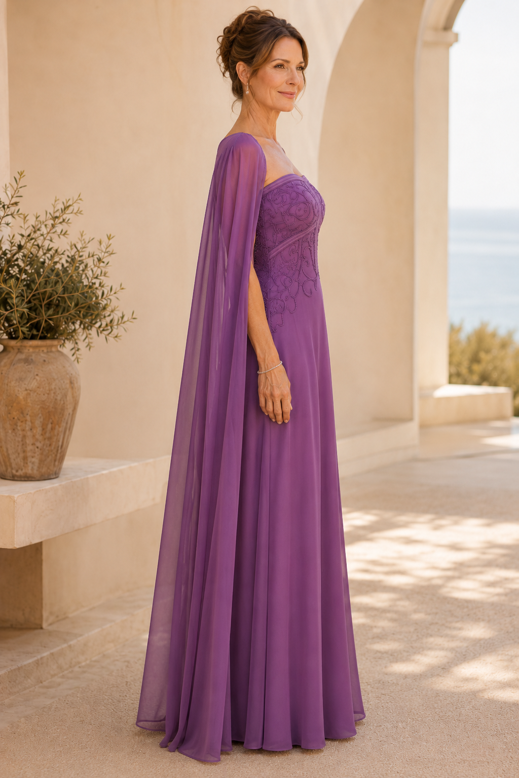 Besticktes Oberteil Umhangärmel A-Linien-Kleid