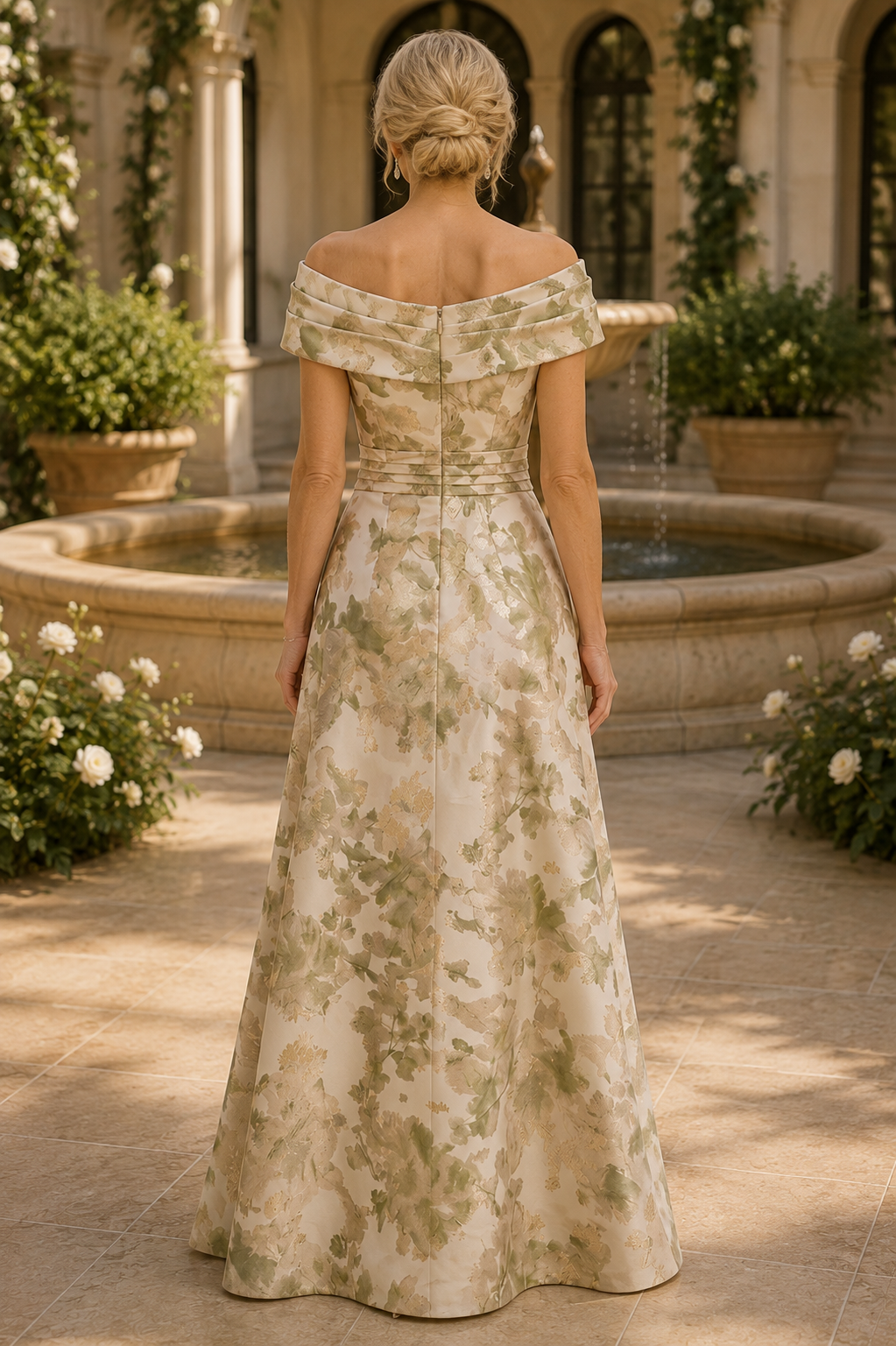 Plissiertes, schulterfreies A-Linien-Kleid mit Blumenmuster