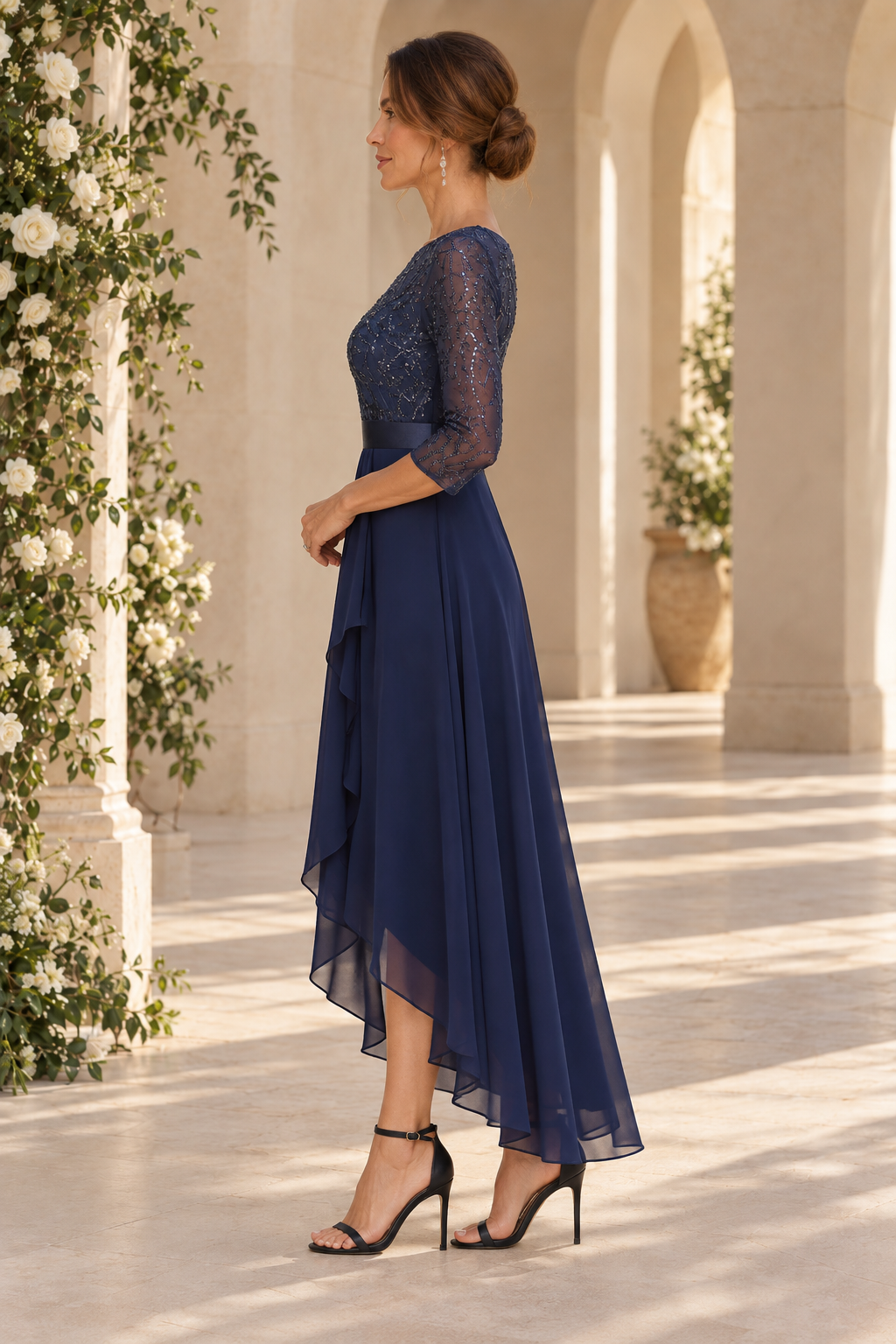 Sequin Illusion Bodice High-Low A-Line Dress