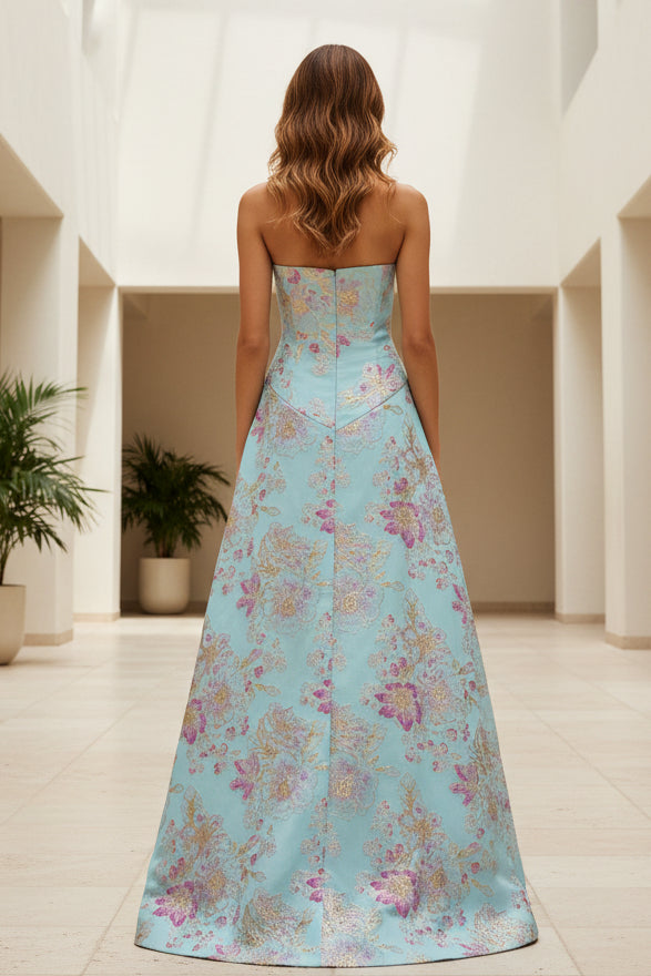 Trägerloses A-Linien-Kleid aus geblümtem Jacquard