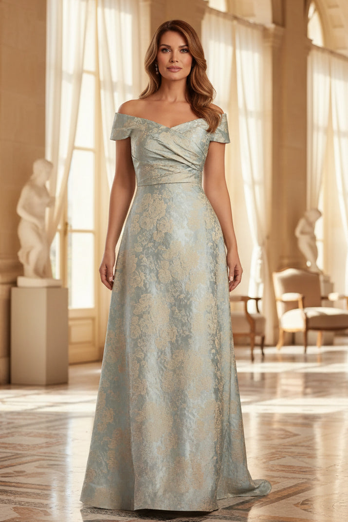 Schulterfreies Jacquard-Abendkleid in A-Linie