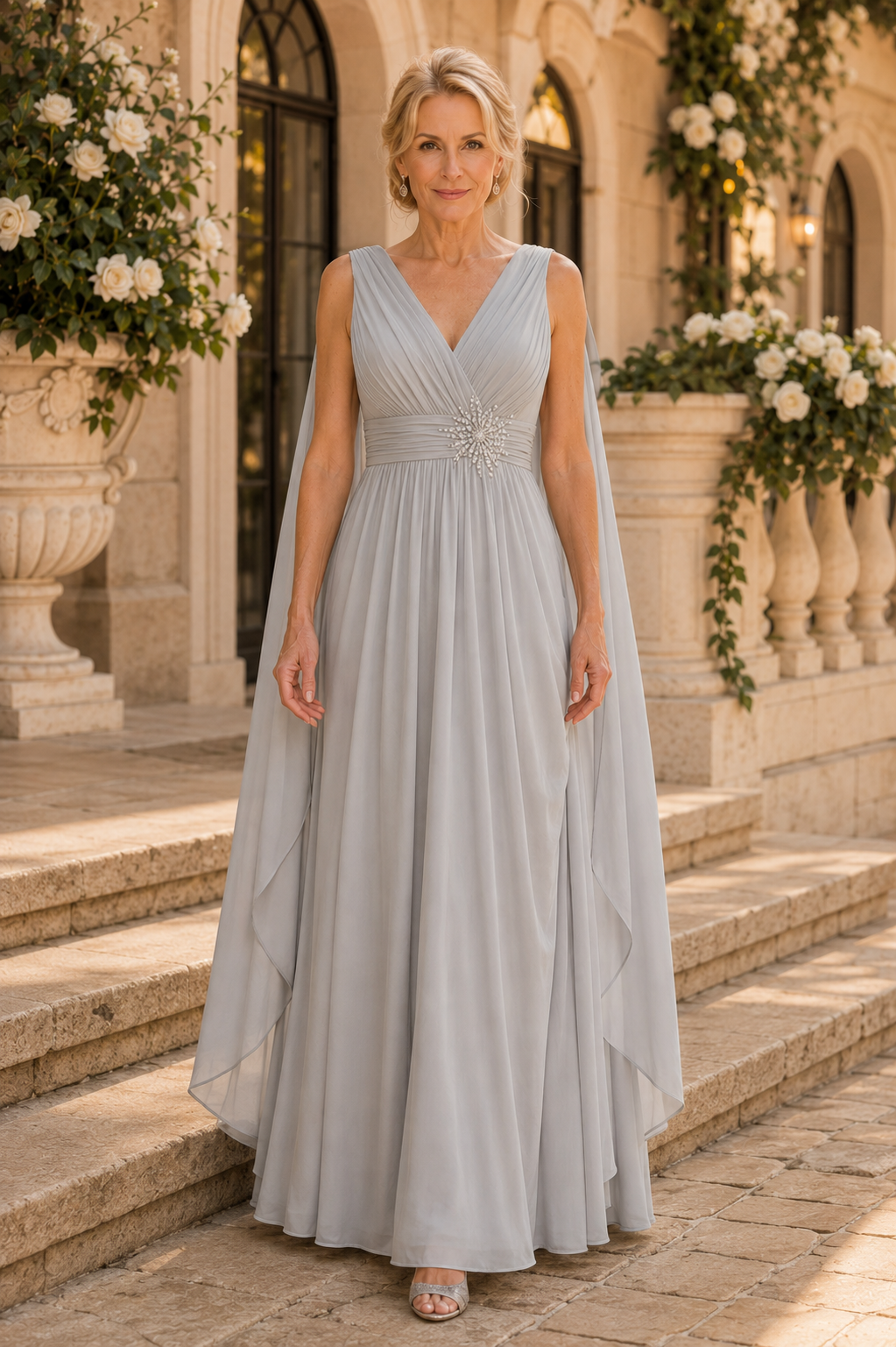 Plissiertes V-Ausschnitt Chiffonkleid mit Cape-Details