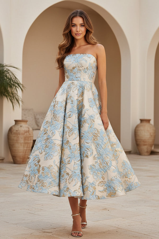 Trägerloses A-Linien-Midikleid aus metallischem Jacquard