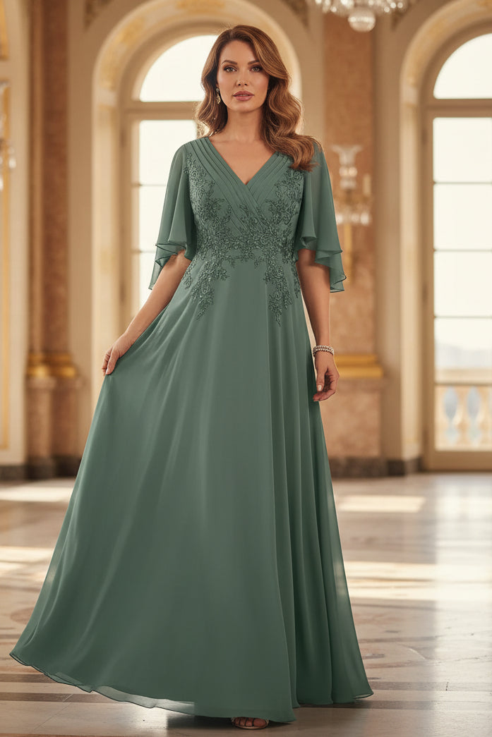 V-Ausschnitt A-Linien Chiffon-Abendkleid mit Flatterärmeln