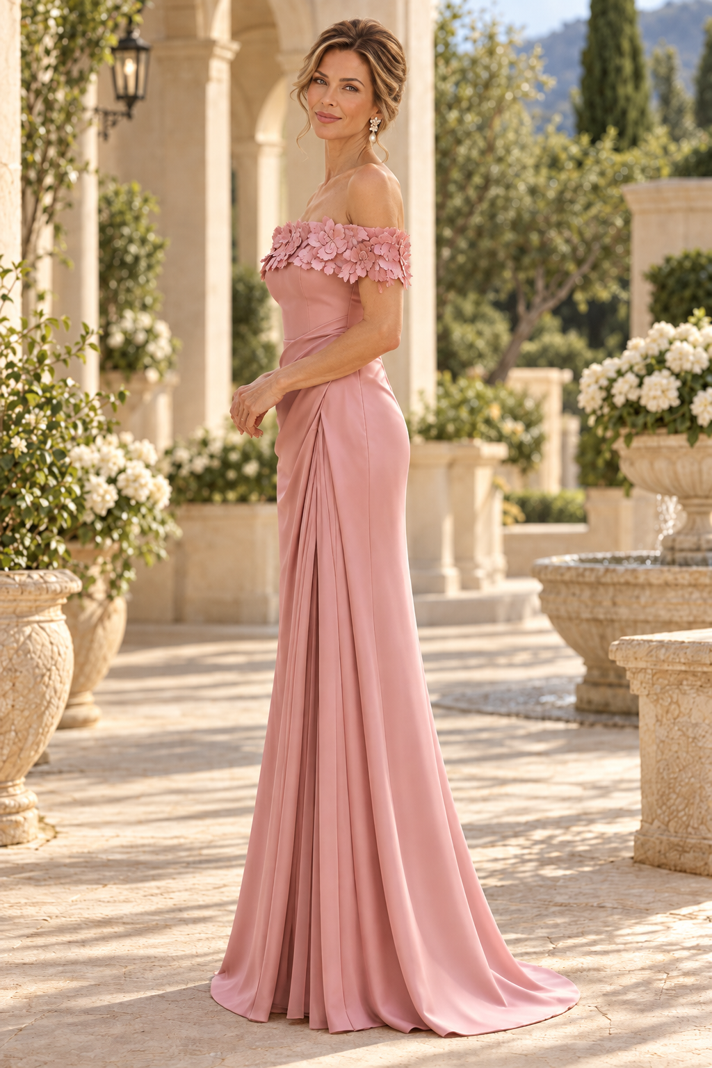 Floral Off-Shoulder Draped Gown with Slit