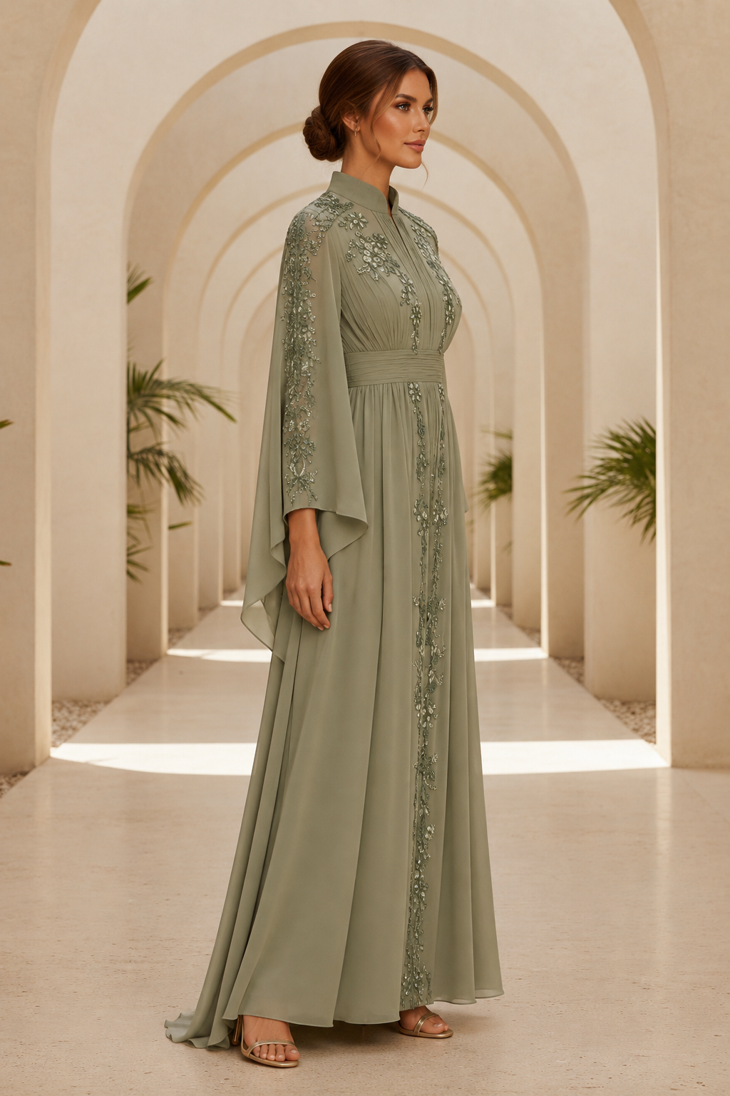 Verzierte hochgeschlossene Glockenärmel Chiffon-Abendkleid