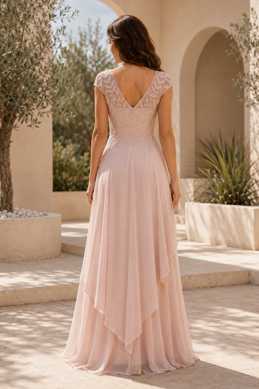 High-Low Chiffon-Abendkleid mit Illusion-Spitzenoberteil