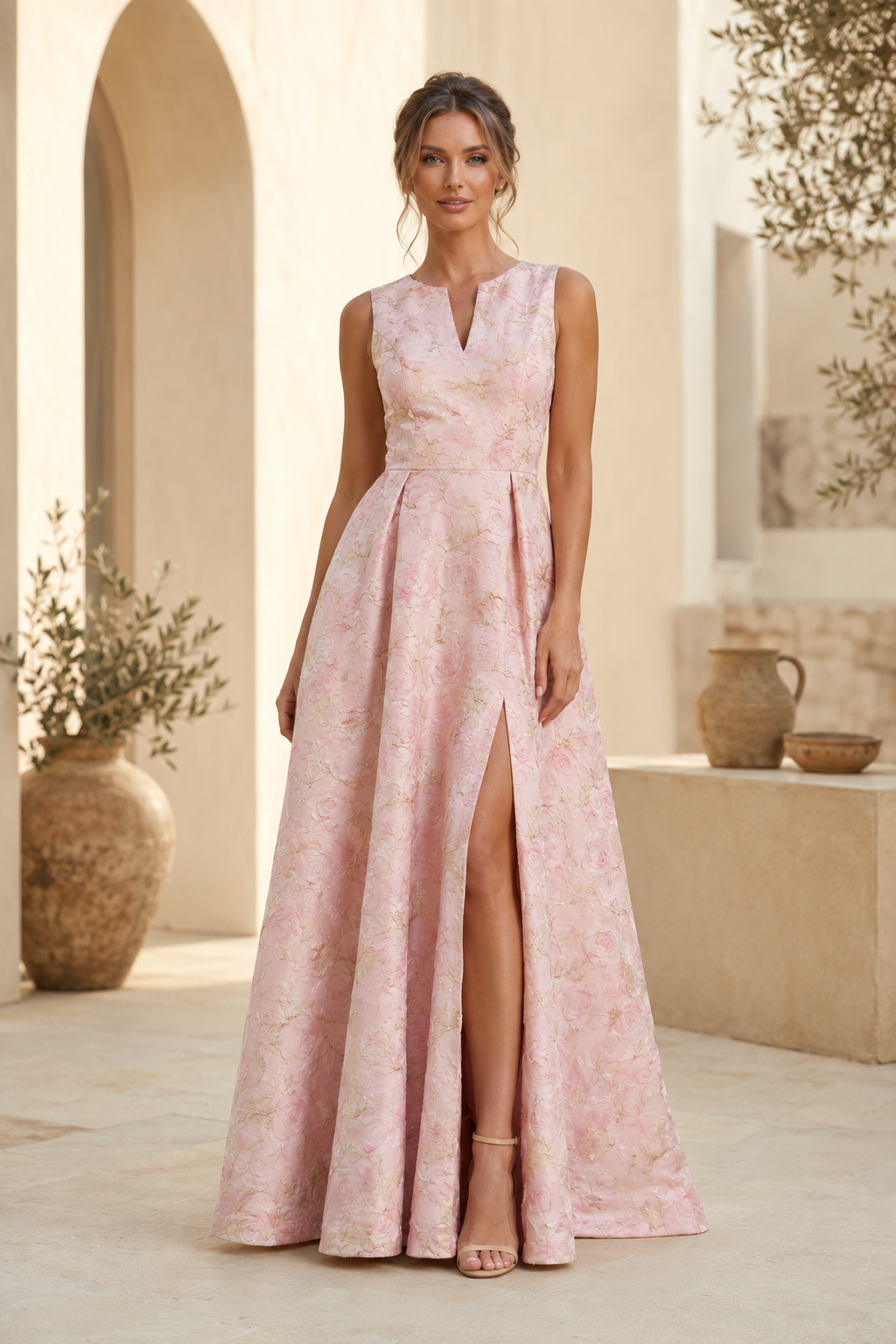 Ärmelloses Jacquard-A-Linien-Kleid mit vorderem Schlitz