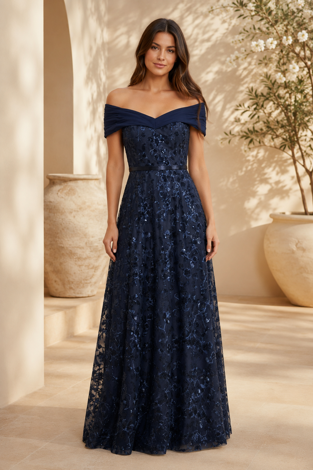 Schulterfreies A-Linien-Abendkleid mit Pailletten und Blumenstickerei