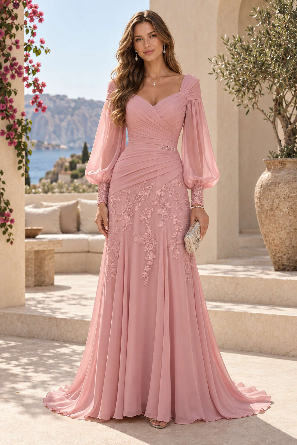 Ruched Bodice Bishop Sleeve Lace Applique Gown