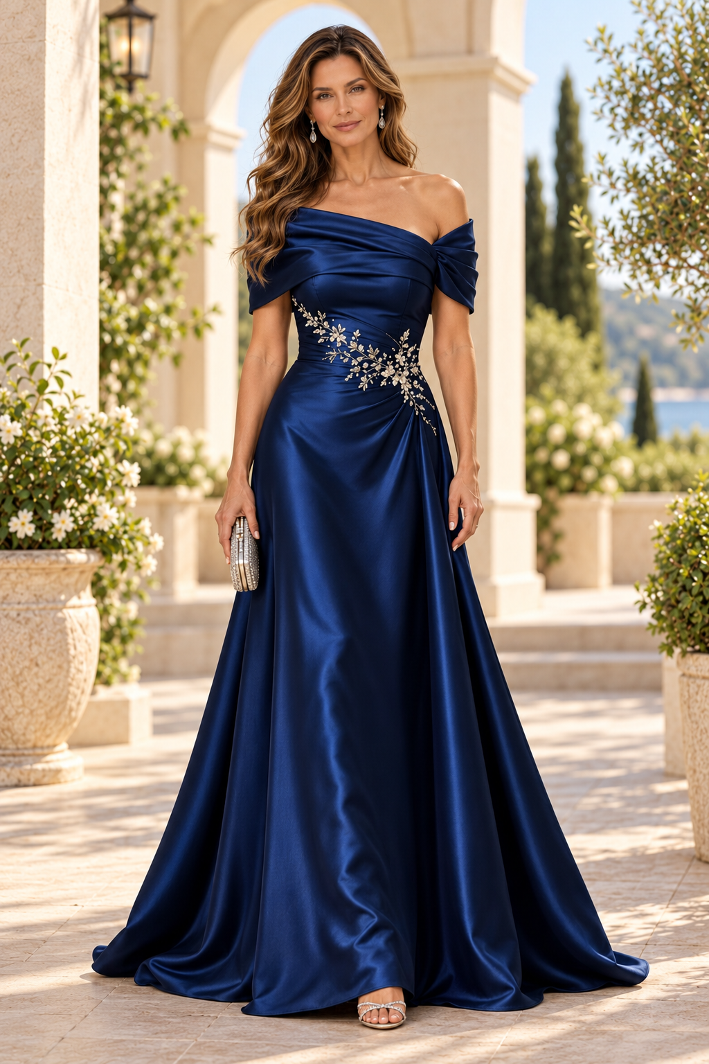 Off-the-Shoulder Satin A-Line Gown with Beading