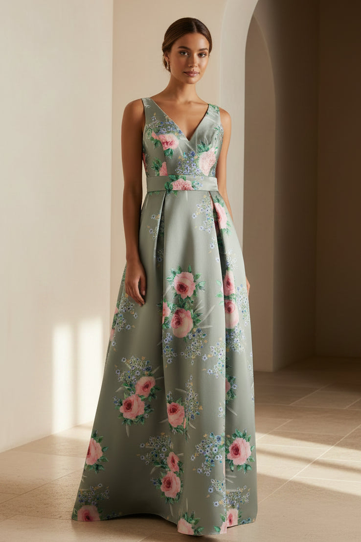 Blumiges Satin-Abendkleid mit V-Ausschnitt und A-Linie