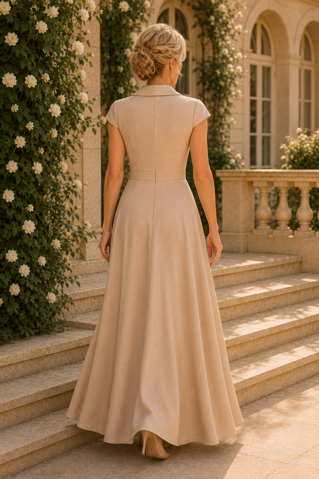 Blumenbesticktes Wickelkleid mit Revers und Wasserfallausschnitt