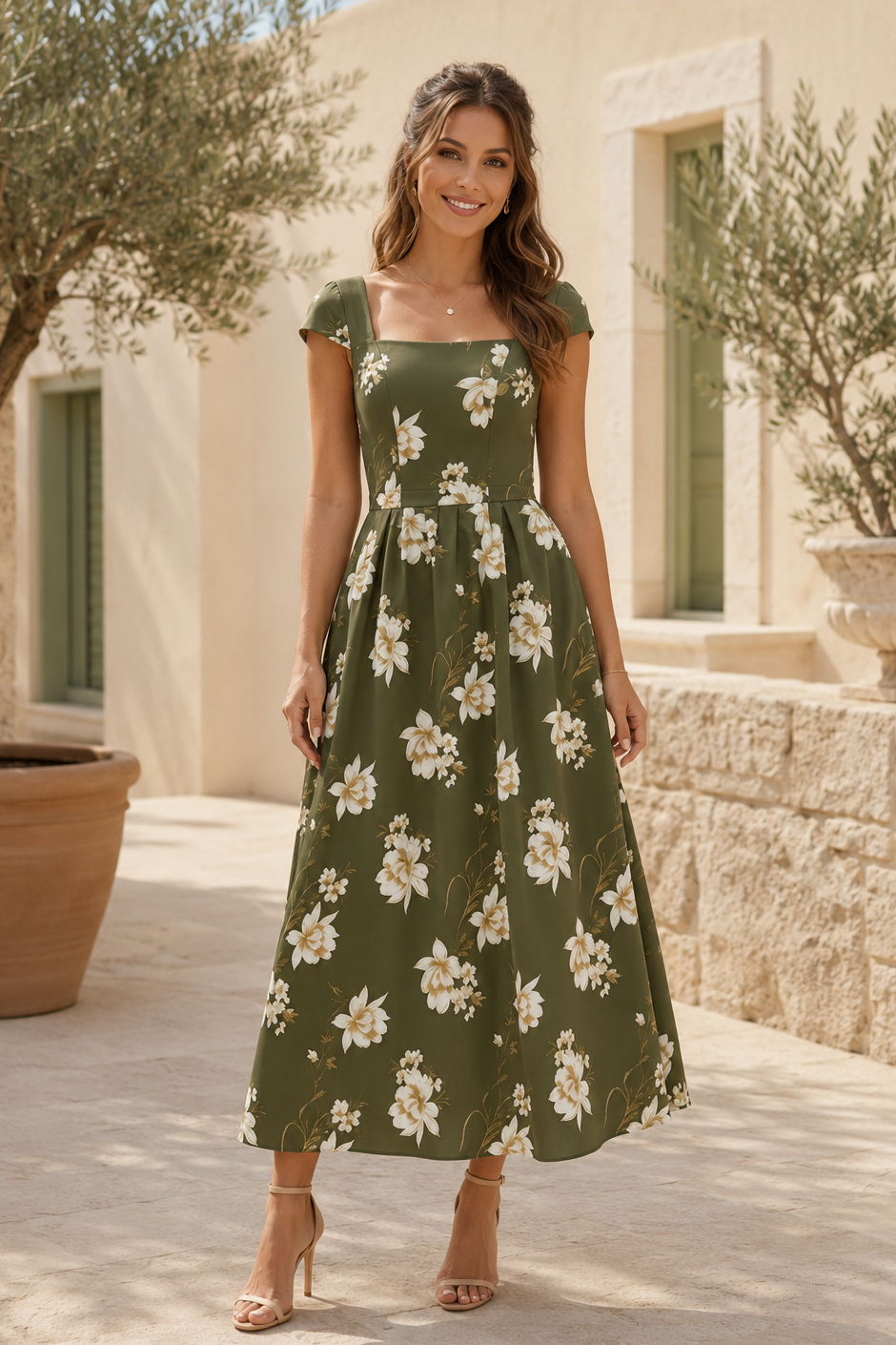 Midi-Kleid mit Blumenmuster, eckigem Ausschnitt und kurzen Ärmeln