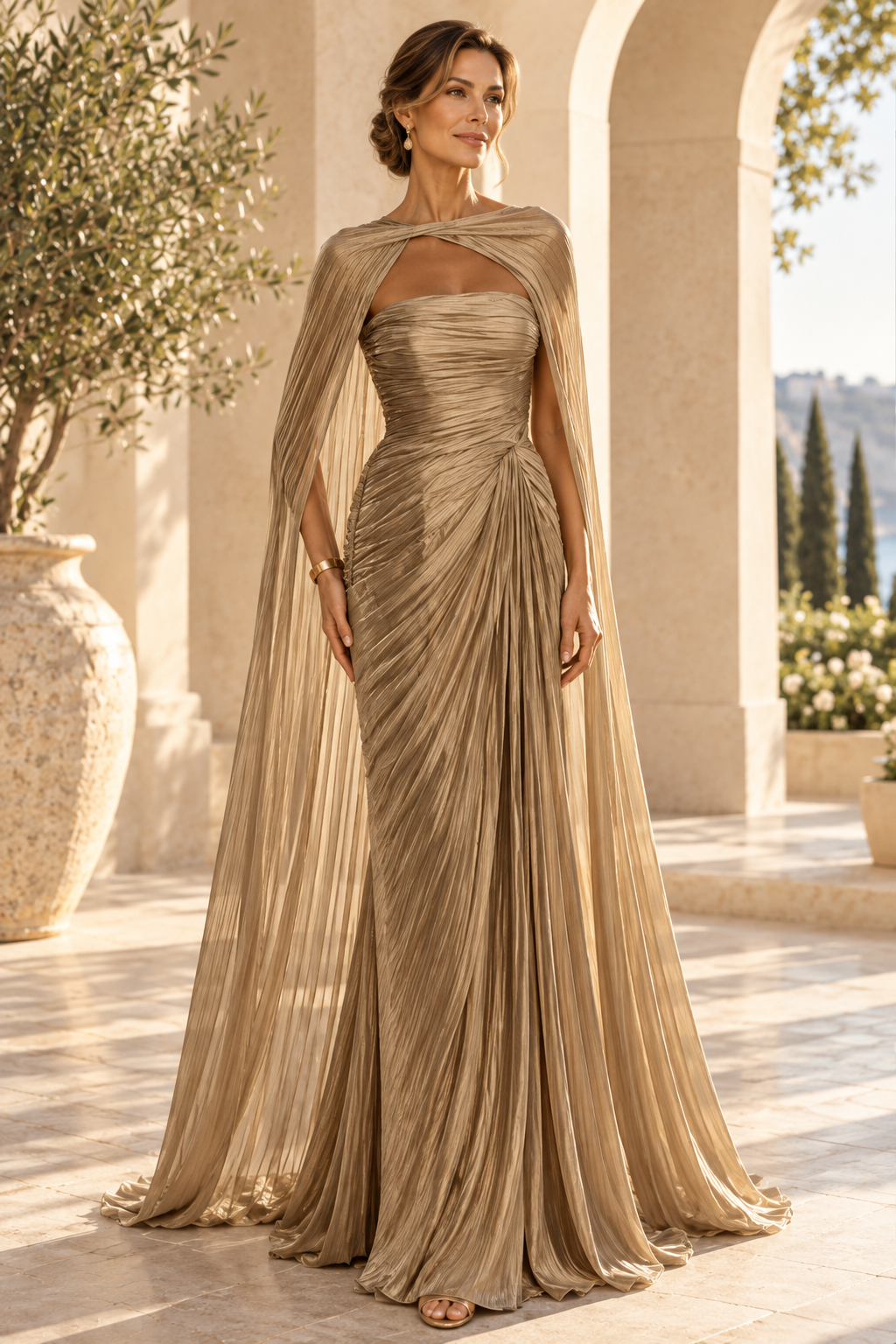 Pleated Cape Evening Gown with Keyhole Neckline