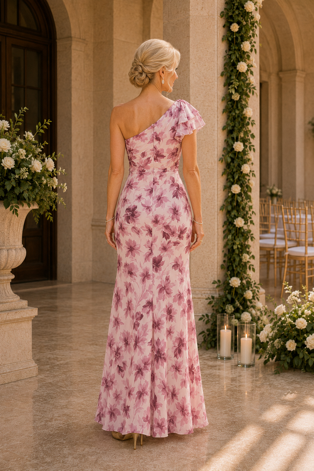 Geblümtes, schulterfreies Rüschen-Maxikleid