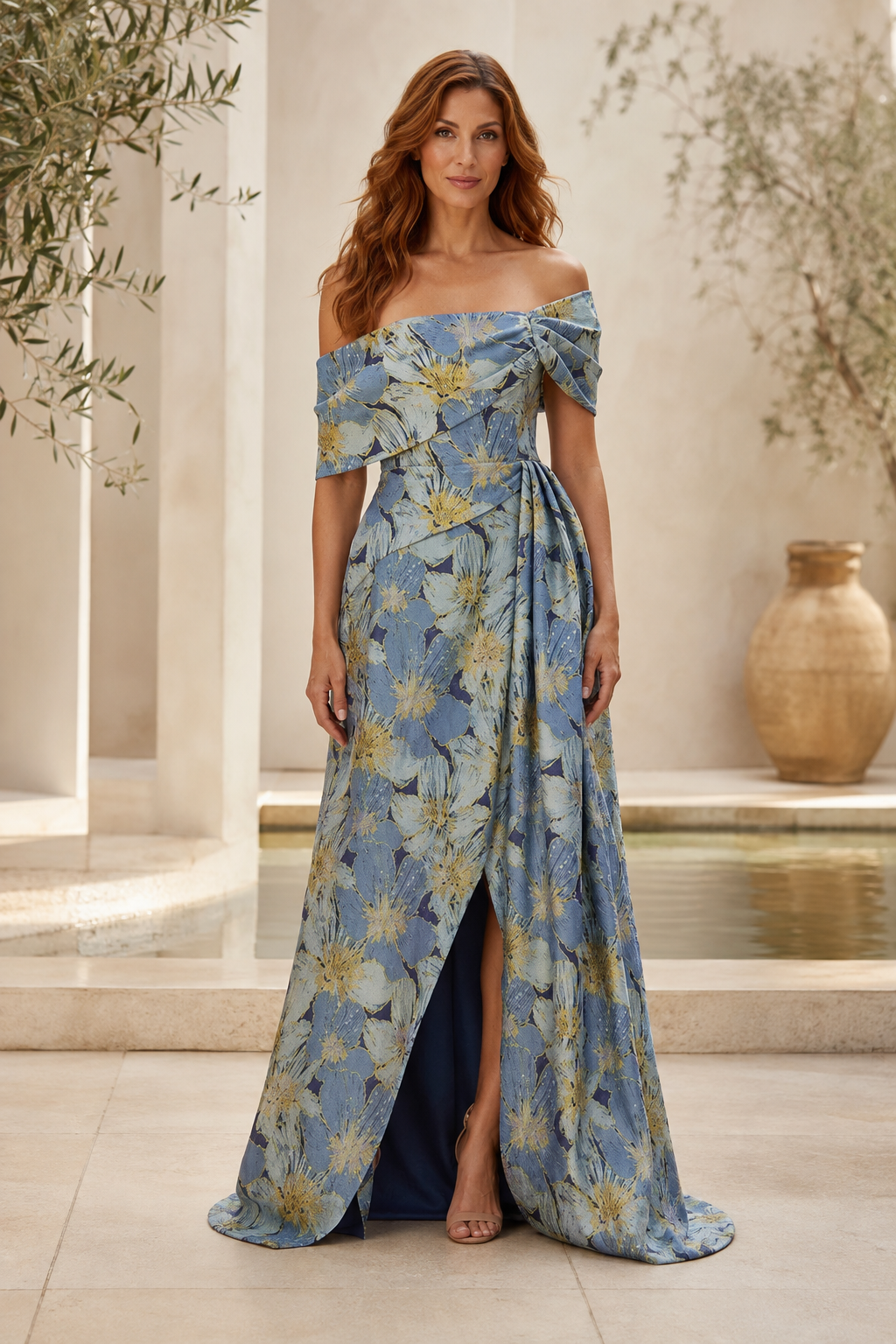 Blumen-Jacquard-Abendkleid mit Carmen-Ausschnitt und hohem Schlitz