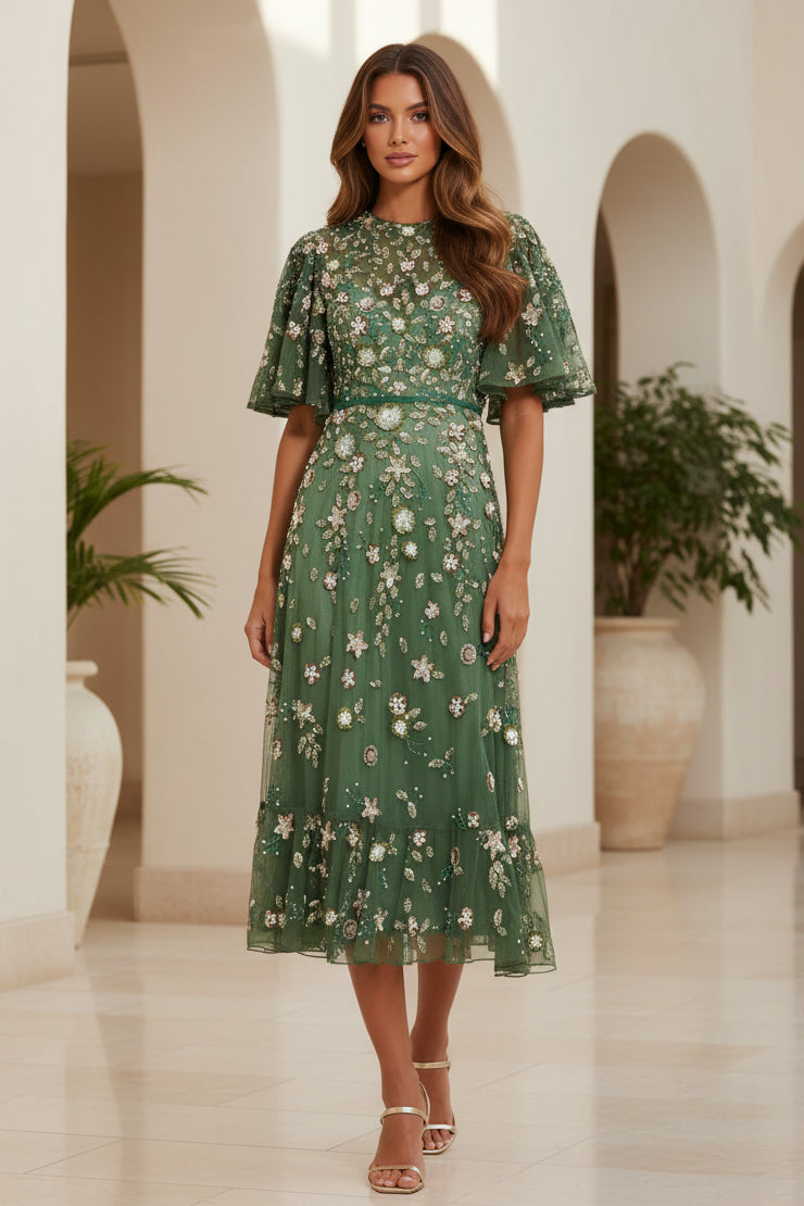 Besticktes Tüll-Midikleid mit flatternden Ärmeln