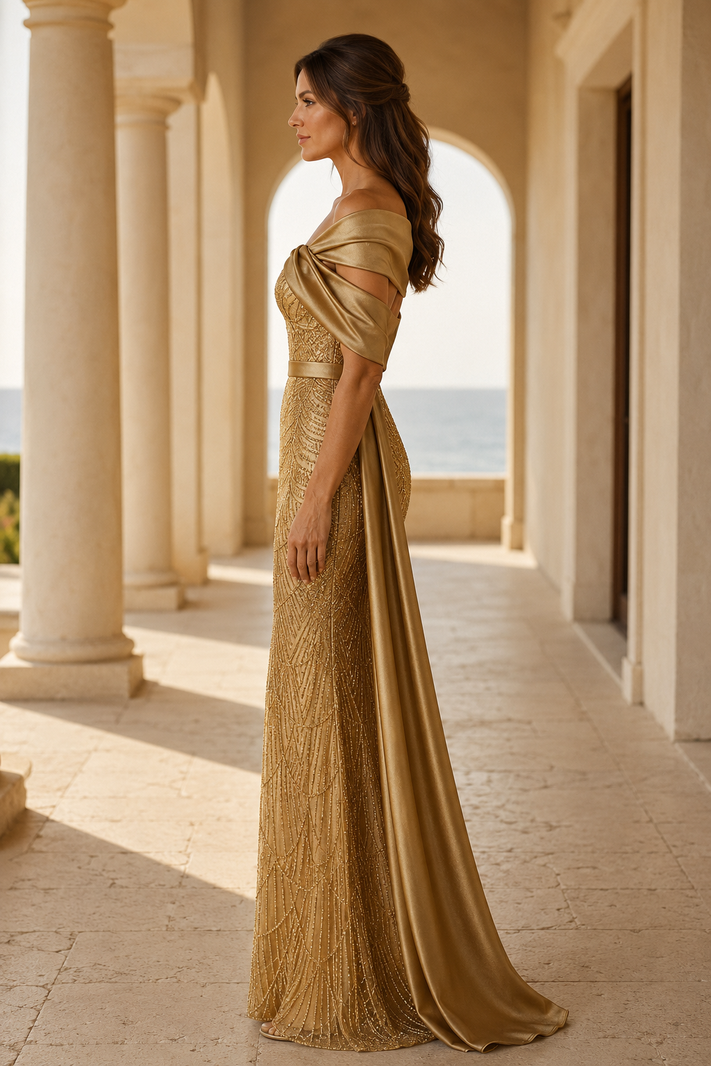 Off-Shoulder Meerjungfrauenkleid mit Paillettenmuster & Satindrapierung