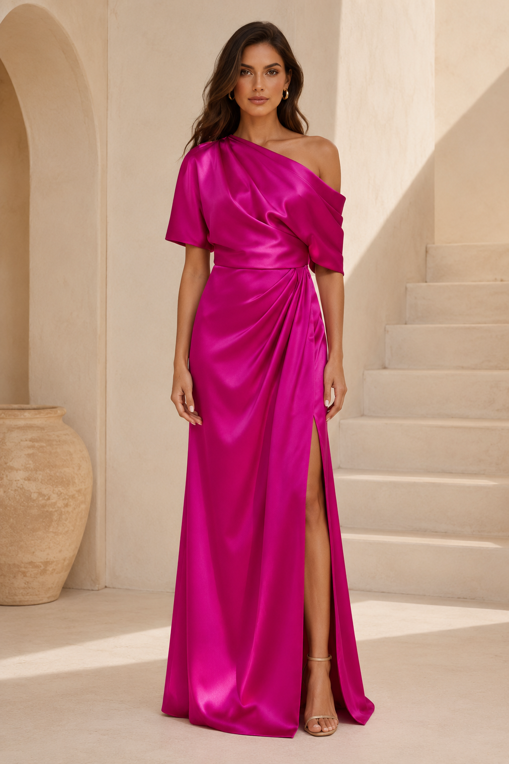 Ein-Schulter-Kleid aus drapiertem Satin mit hohem Schlitz