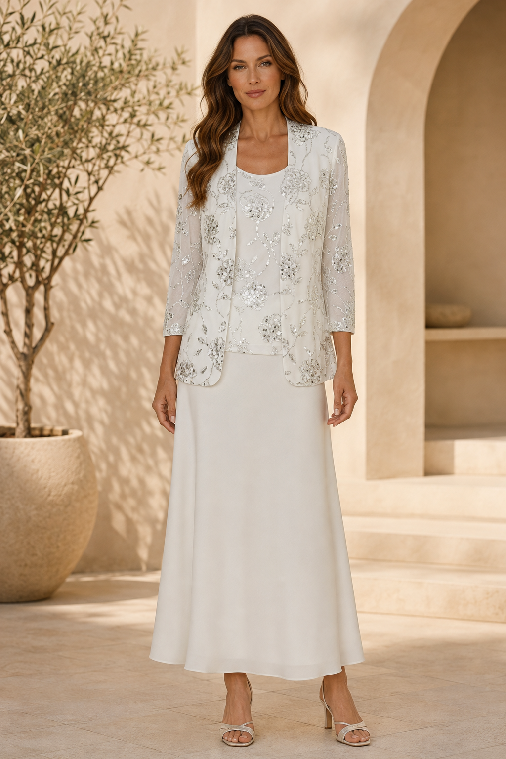 Set aus Paillettenjacke mit Blumenmuster und knöchellangem Kleid