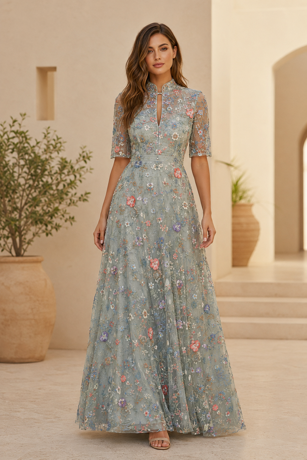 Abendkleid mit floraler Stickerei, Illusionsärmeln und A-Linie