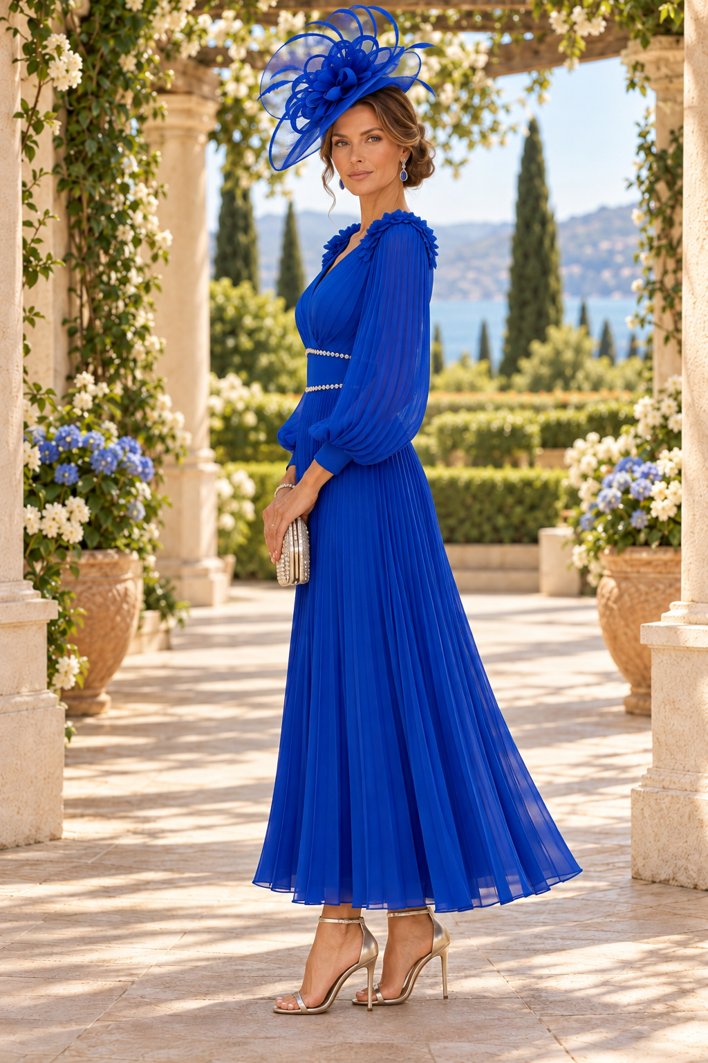 Pleated A-Line Midi Dress with Bishop Sleeves