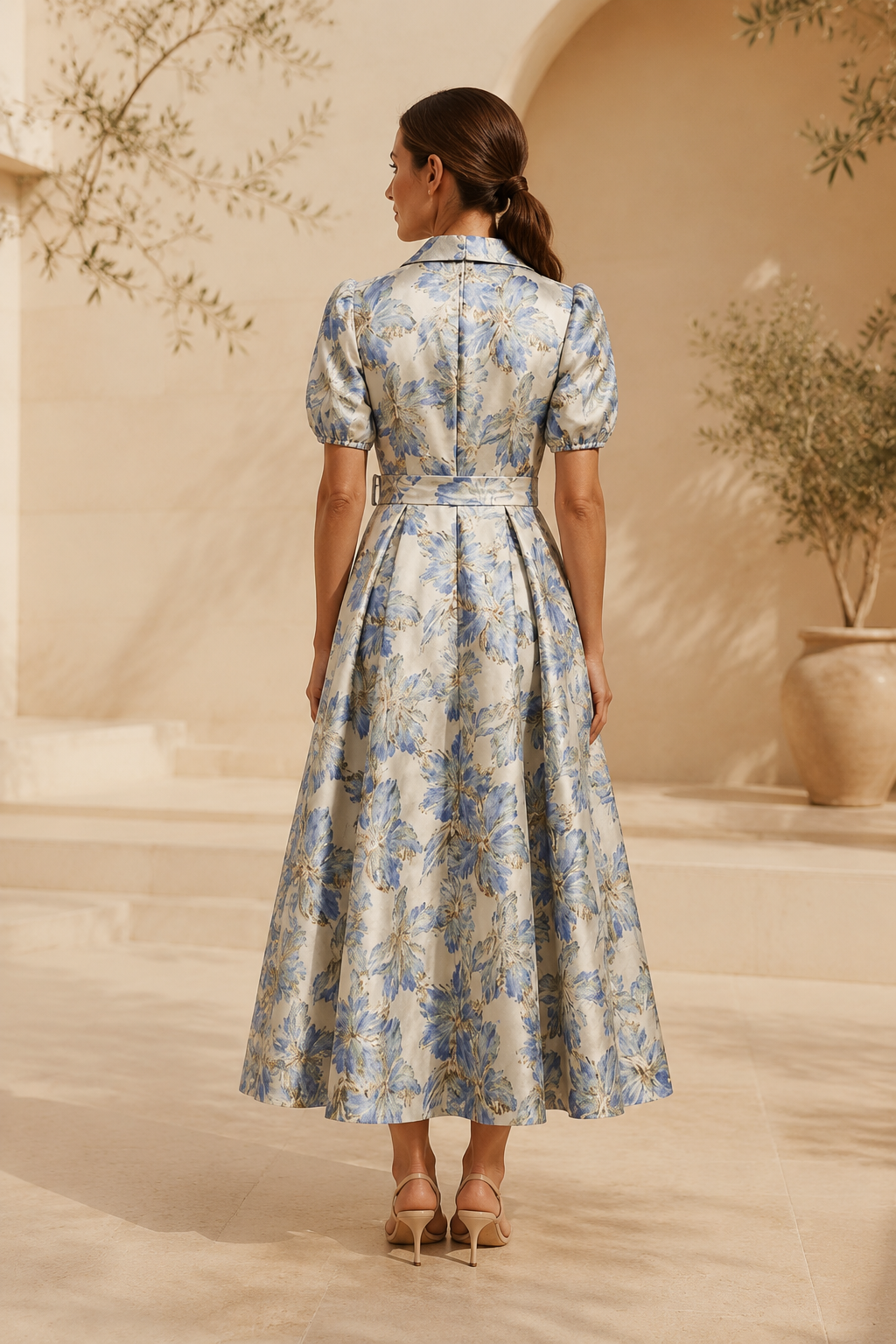 Geblümtes Jacquard-Midi-Kleid mit Gürtel und Puffärmeln