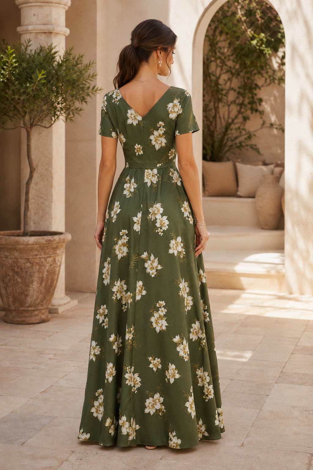Maxikleid mit Blumenmuster, V-Ausschnitt und A-Linie