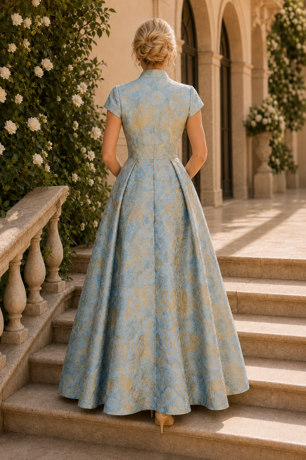 Formelles Brokat-Kleid in A-Linie mit kurzem Bolero