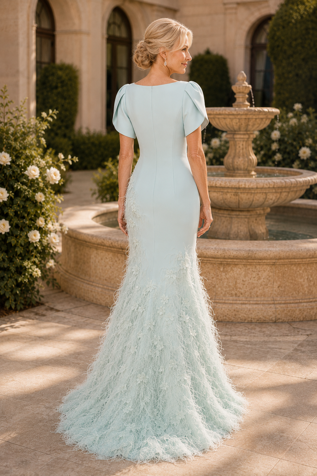 Meerjungfrauenkleid mit flatternden Ärmeln und Federrock