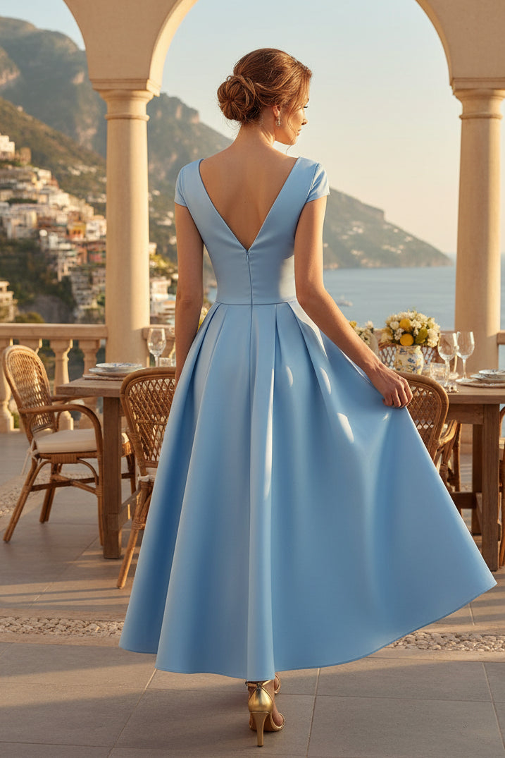 V-Ausschnitt A-Linien Satin Teelanges Kleid mit Schleife