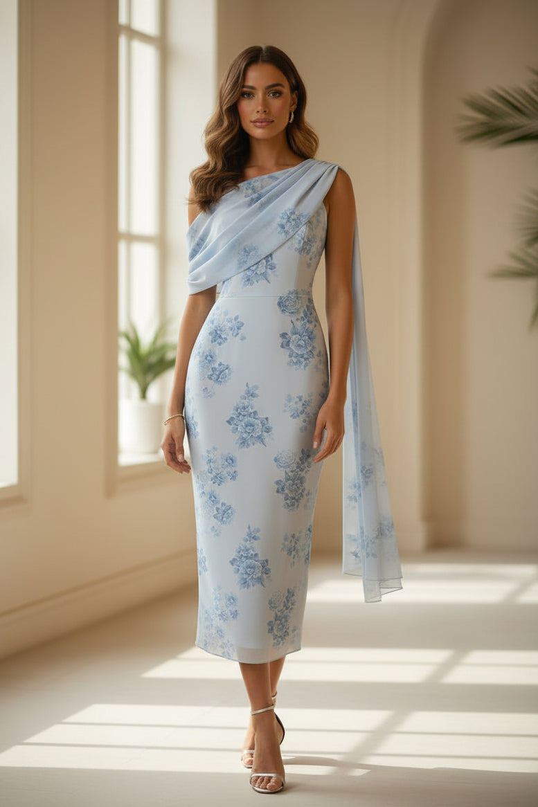 Florales, drapiertes One-Shoulder-Midikleid
