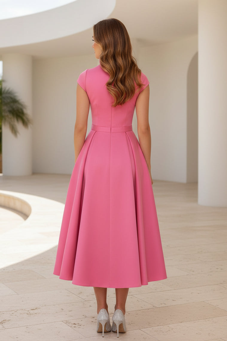 Midi-A-Linien-Kleid mit hohem Kragen, Schleife und Taschen