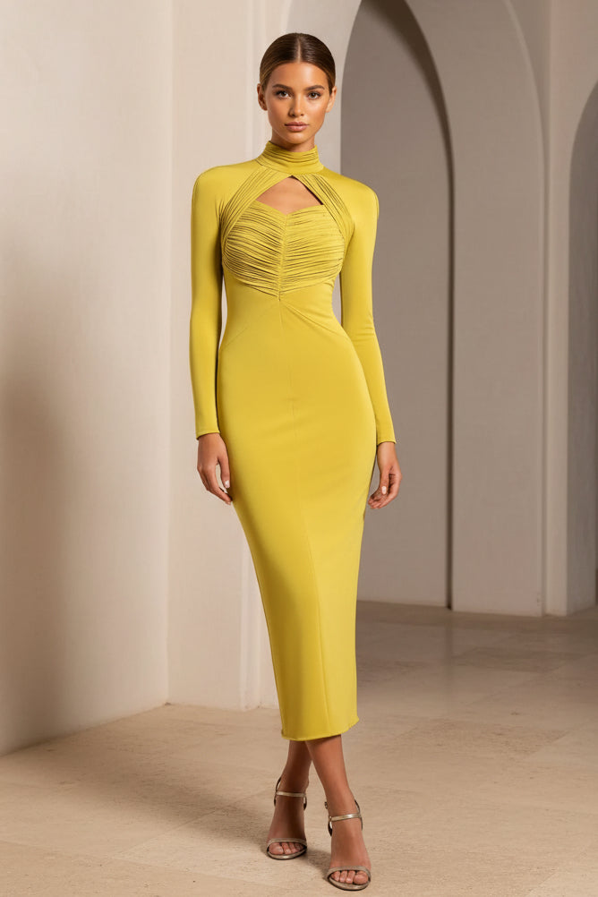 Hochgeschlossenes Keyhole-Bodycon-Midikleid mit langen Ärmeln