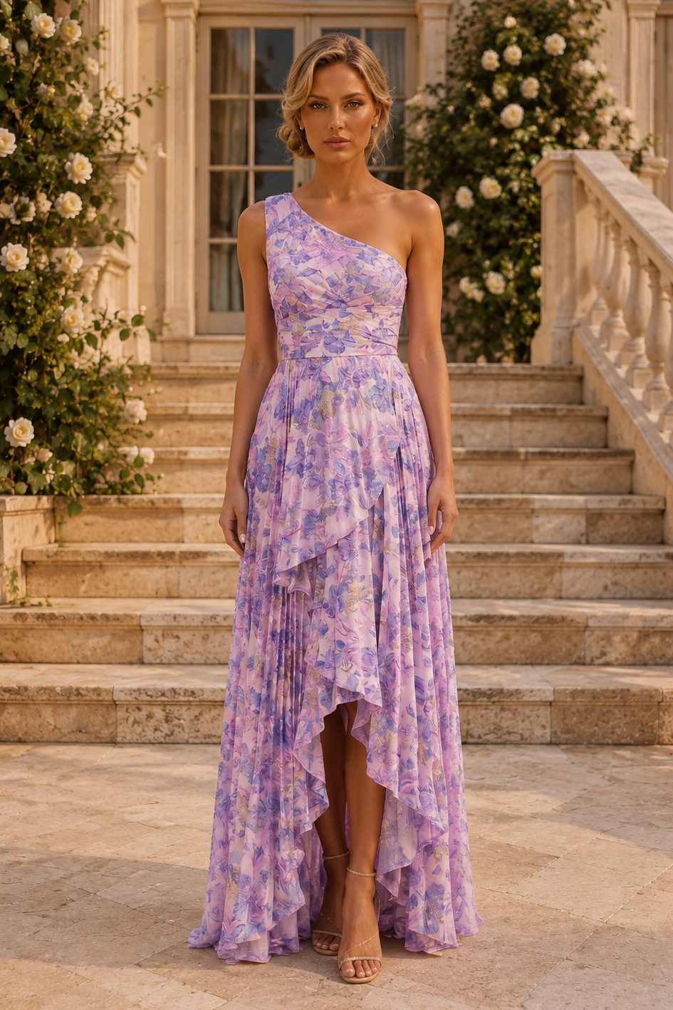 Ärmelloses, geblümtes High-Low Maxikleid
