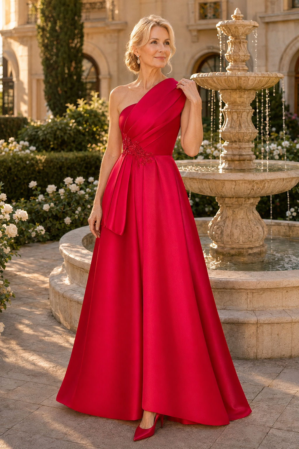 Ärmelloses Abendkleid aus plissiertem Satin mit A-Linie und One-Shoulder-Träger