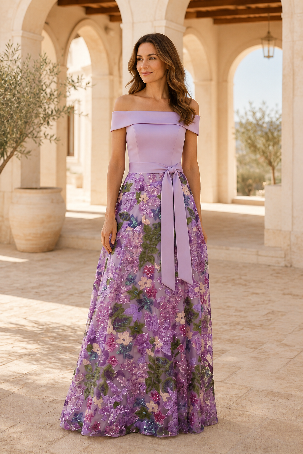 Ärmelloses Abendkleid in A-Linie mit Blumenmuster und Pailletten