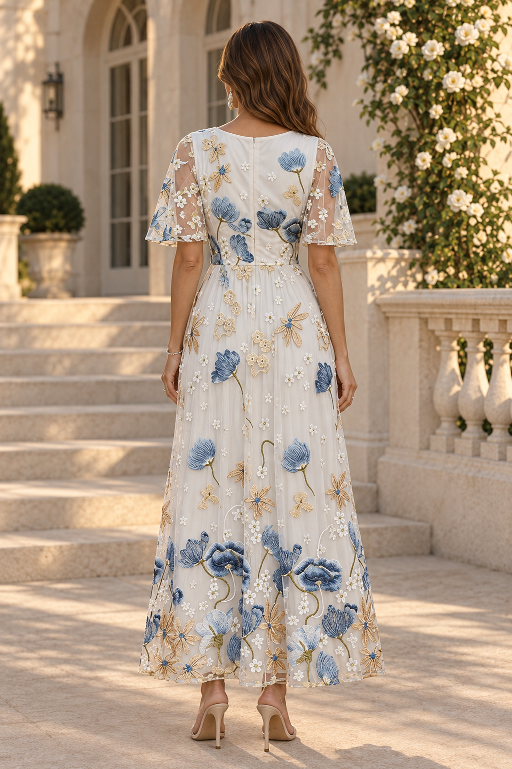 Floral Embroidered Flutter Sleeve A-Line Maxi Dress