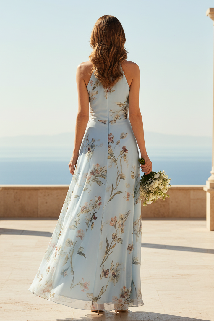 Geblümtes Neckholder Chiffon Maxikleid