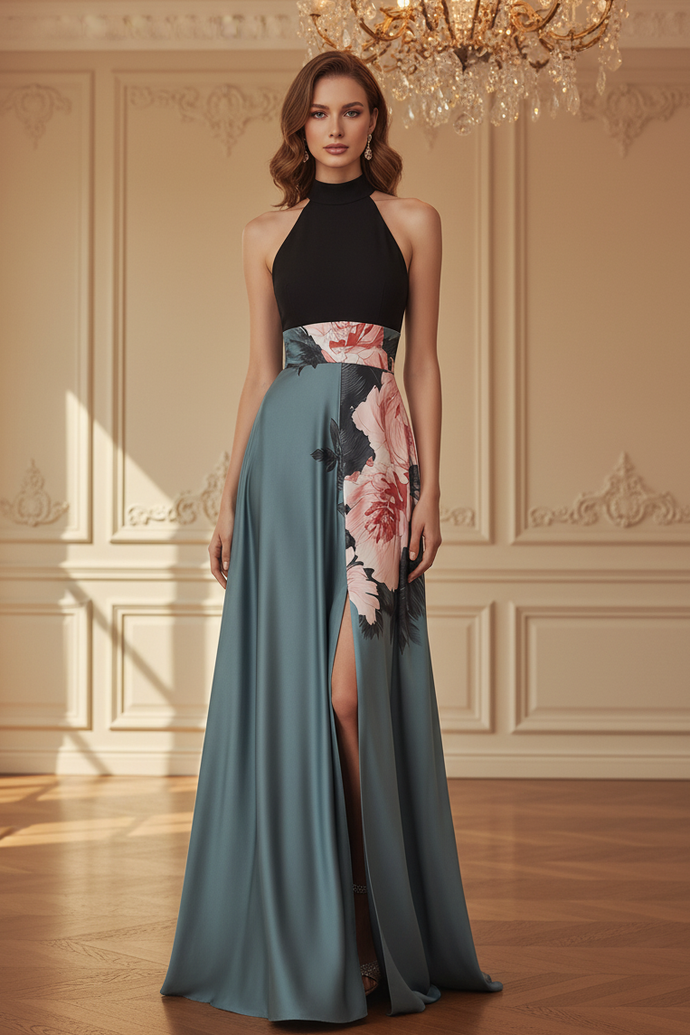 Halterneck Abendkleid in A-Linie mit Blumenmuster und Schlitz