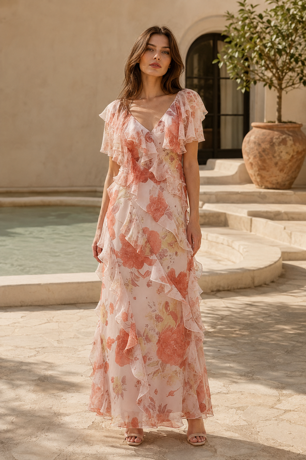 Geblümtes, gerafftes Maxikleid mit V-Ausschnitt
