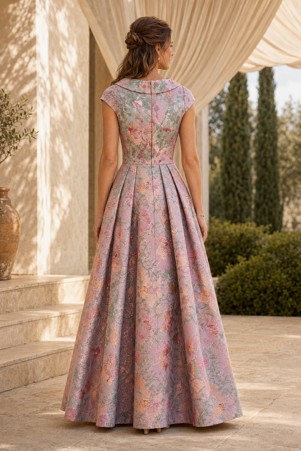 Geblümtes Jacquard A-Linien-Kleid mit Kappärmeln und Falten