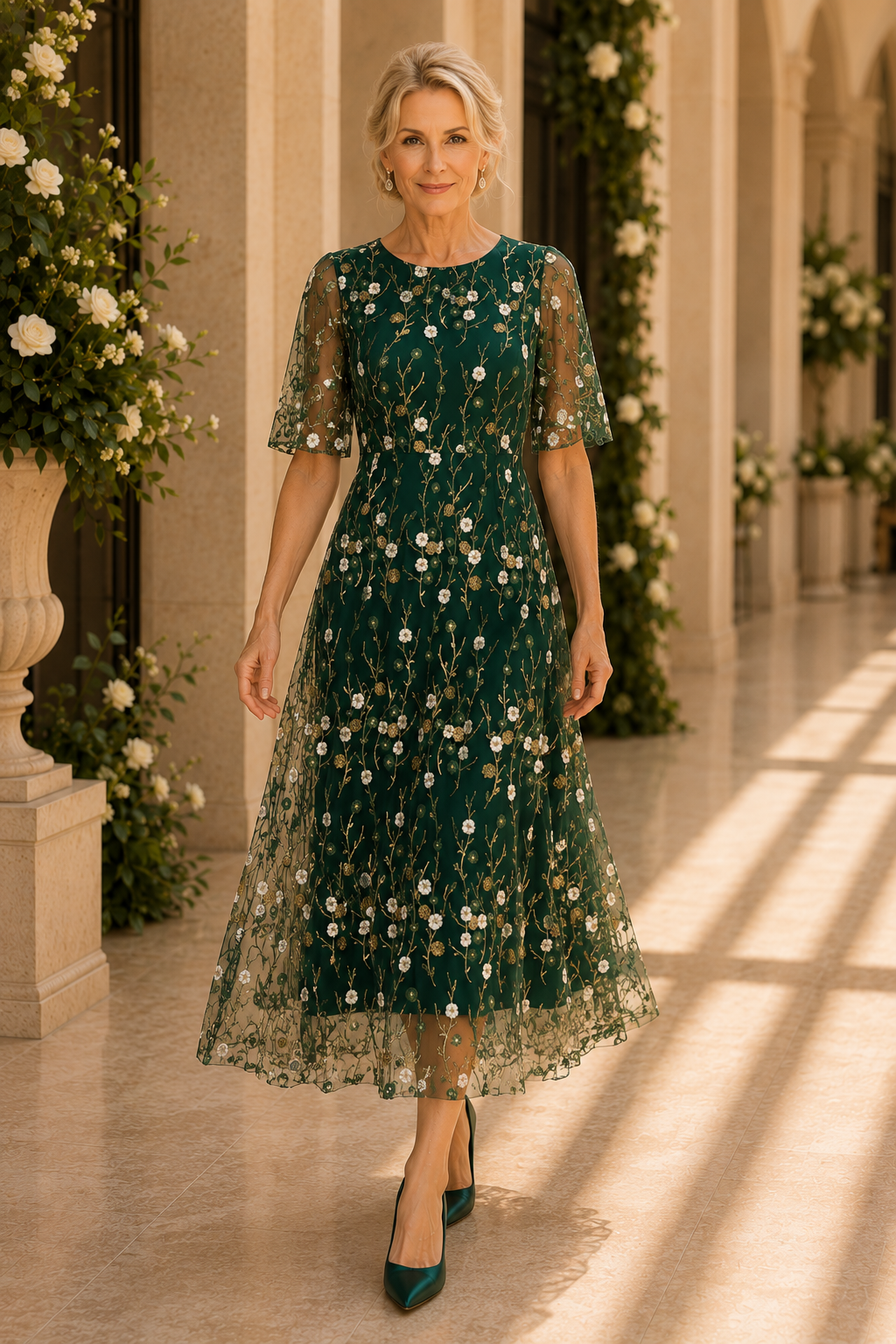 Geblümtes Midi-Kleid mit Flatterärmeln und Stickerei
