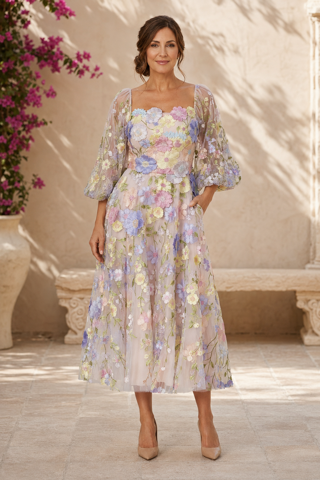 Florales 3D-Applikations-Midi-Kleid mit Puffärmeln