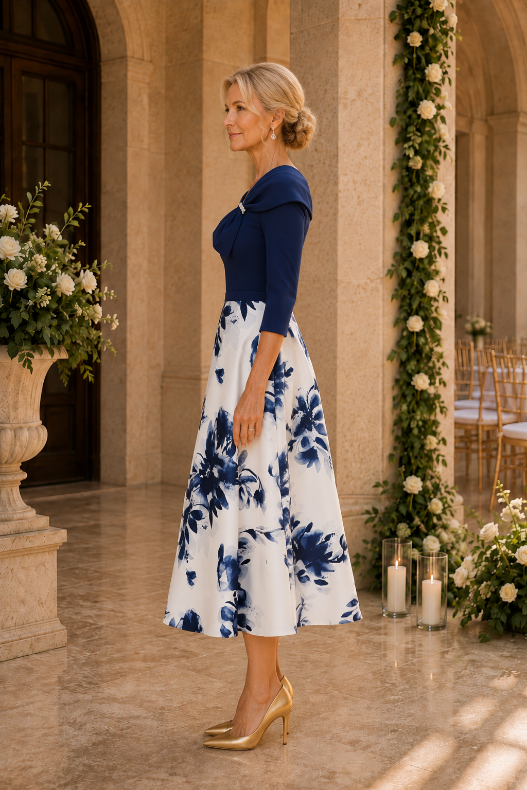 Asymmetrisches geblümtes A-Linien-Midikleid mit Schleife