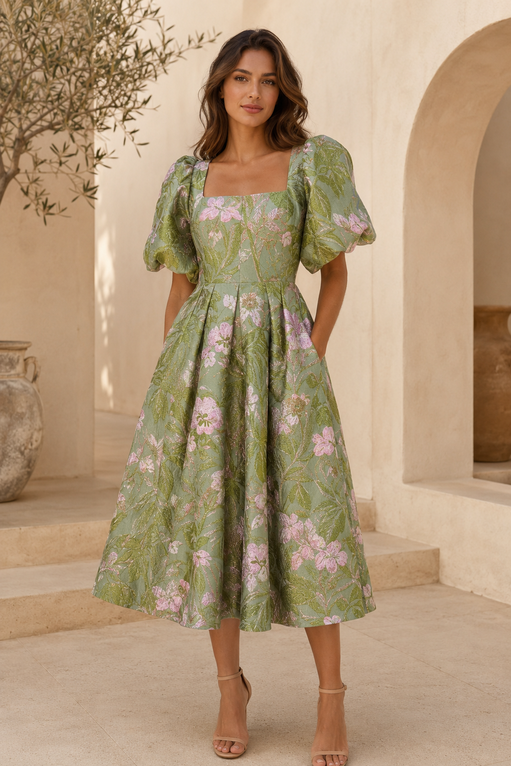Geblümtes Jacquard-Midikleid mit Puffärmeln und Taschen