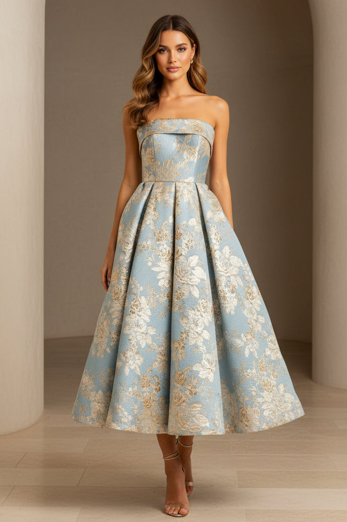 Trägerloses A-Linien-Midikleid aus floralem Jacquard